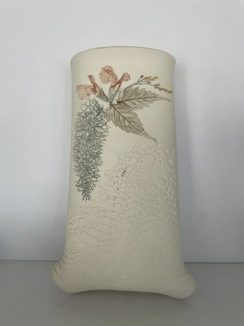Burk’ Art Signed Floral Pottery Wall Hanging Pocket Lace Doily Stuio Pattery